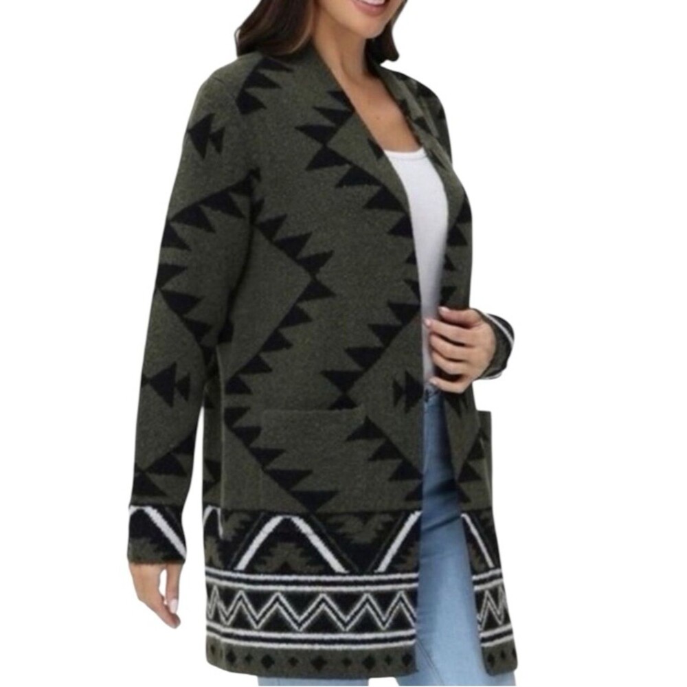 FRYE Green Aztec Print Cardigan Sweater Open Front Tribal Jacquard
Long Jacket